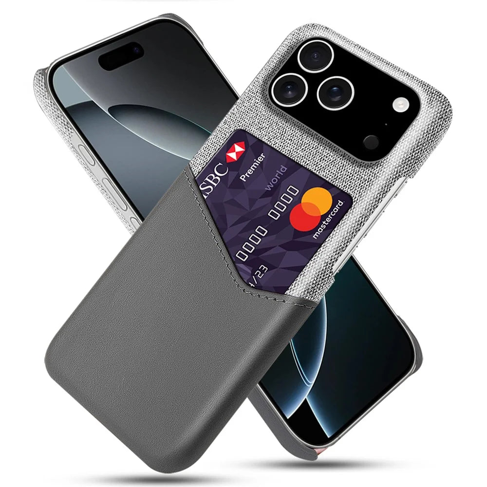 For iPhone 18 Pro / 17 Pro Case PU Leather Cloth Texture Hard PC Phone Cover with Card Holder - Grey - 1