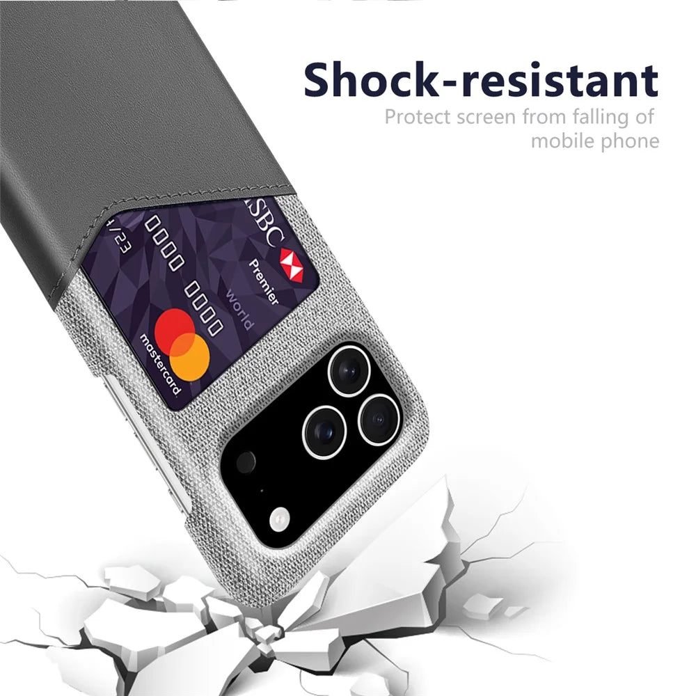 For iPhone 18 Pro / 17 Pro Case PU Leather Cloth Texture Hard PC Phone Cover with Card Holder - Grey - 2