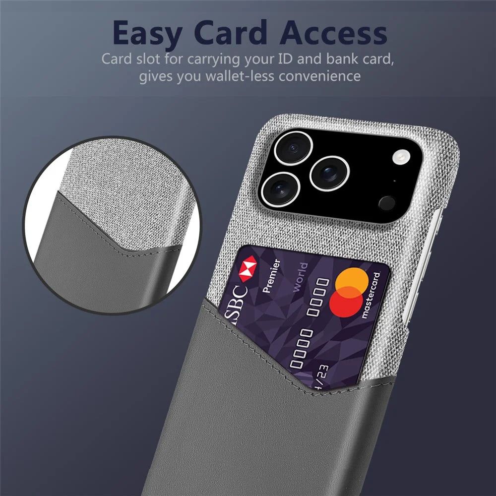 For iPhone 18 Pro / 17 Pro Case PU Leather Cloth Texture Hard PC Phone Cover with Card Holder - Grey - 3