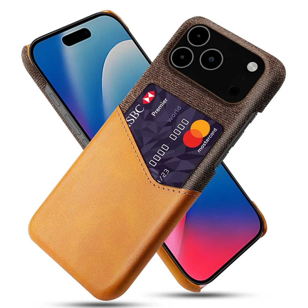For iPhone 18 Pro Max / 17 Pro Max Case PU Leather Cloth Texture Hard PC Phone Cover with Card Holder - Orange - 1