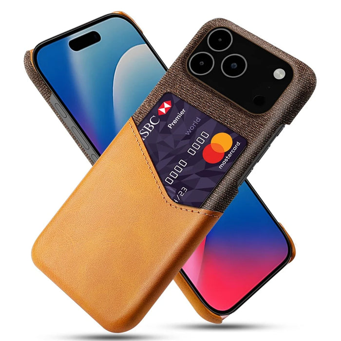 For iPhone 18 Pro Max / 17 Pro Max Case PU Leather Cloth Texture Hard PC Phone Cover with Card Holder - Orange - 1