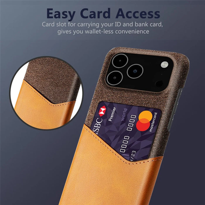 For iPhone 18 Pro Max / 17 Pro Max Case PU Leather Cloth Texture Hard PC Phone Cover with Card Holder - Orange - 4