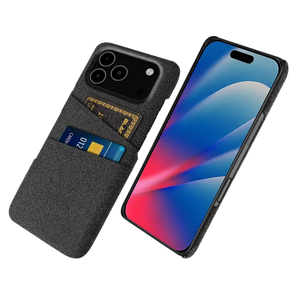 For iPhone 18 Pro Max / 17 Pro Max Case Cloth + Hard PC Phone Cover with Dual Card Slots - Black - 1