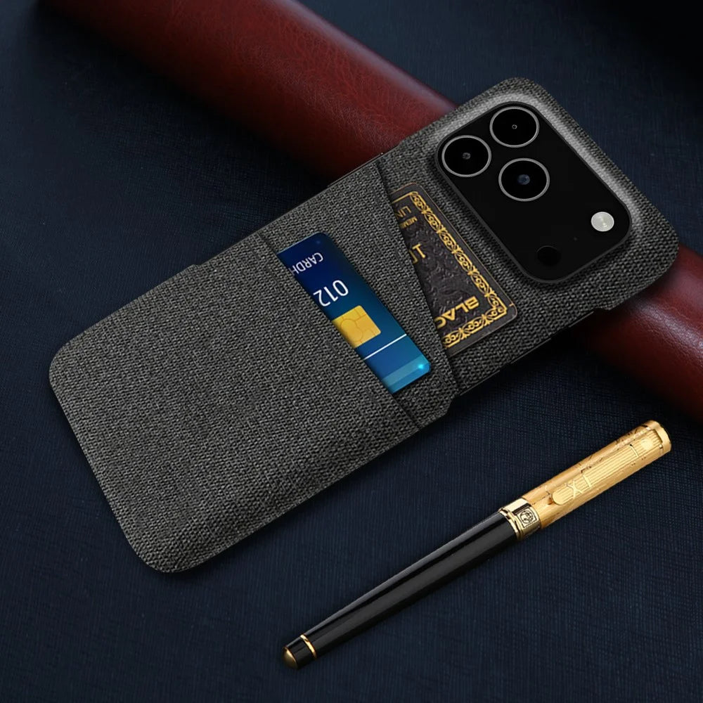 For iPhone 18 Pro Max / 17 Pro Max Case Cloth + Hard PC Phone Cover with Dual Card Slots - Black - 5