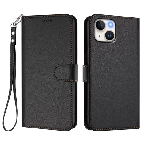 For iPhone 15 Leather Case Wallet Stand Phone Cover with Wrist Strap - Black - 1