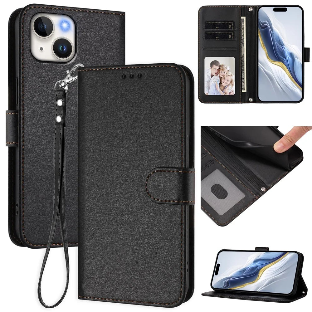 For iPhone 15 Leather Case Wallet Stand Phone Cover with Wrist Strap - Black - 2