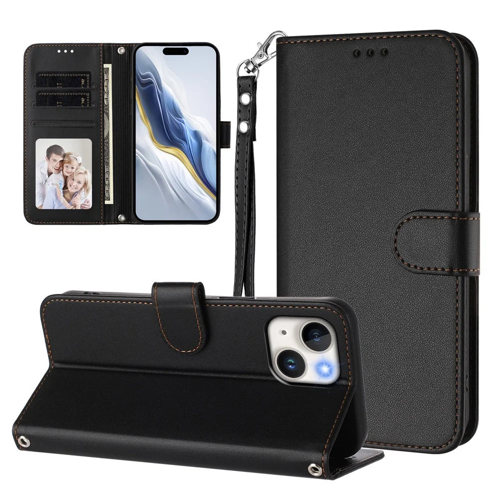 For iPhone 15 Leather Case Wallet Stand Phone Cover with Wrist Strap - Black - 3