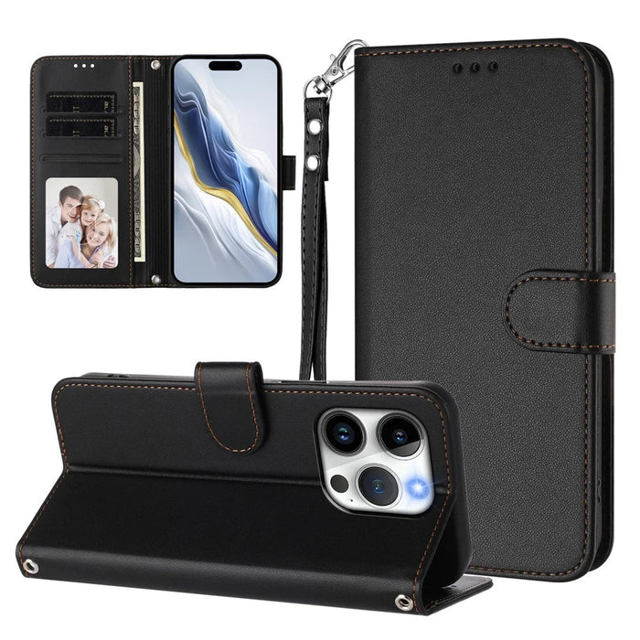For iPhone 15 Pro Leather Case Wallet Stand Phone Cover with Wrist Strap - Black - 3