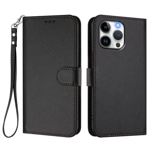 For iPhone 15 Pro Max Leather Case Wallet Stand Phone Cover with Wrist Strap - Black - 1