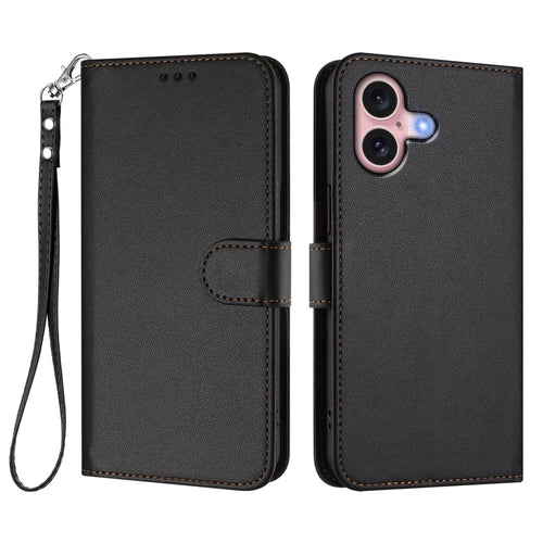 For iPhone 16 Leather Case Wallet Stand Phone Cover with Wrist Strap - Black - 1