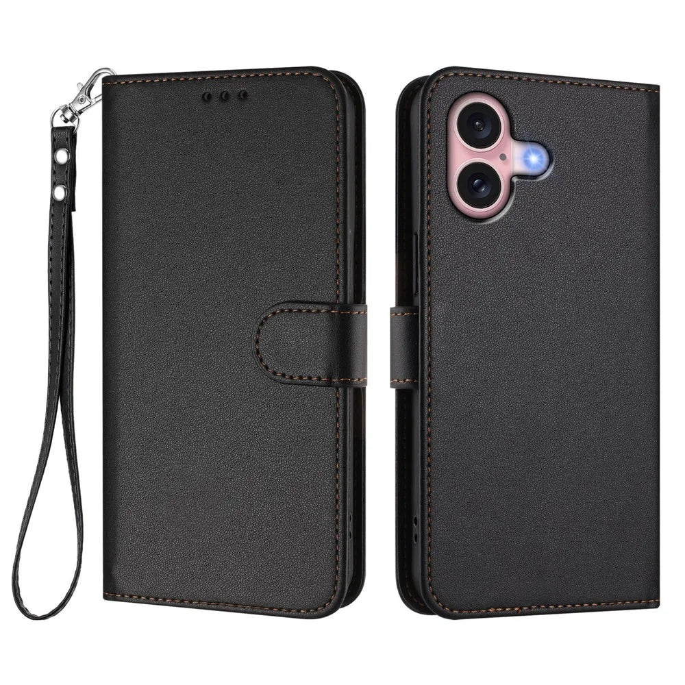 For iPhone 16 Leather Case Wallet Stand Phone Cover with Wrist Strap - Black - 1