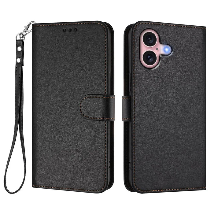 For iPhone 16 Leather Case Wallet Stand Phone Cover with Wrist Strap - Black - 1