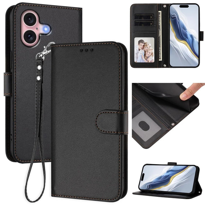 For iPhone 16 Leather Case Wallet Stand Phone Cover with Wrist Strap - Black - 2