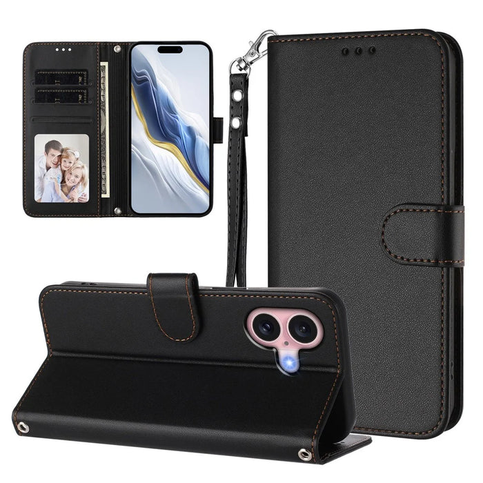 For iPhone 16 Leather Case Wallet Stand Phone Cover with Wrist Strap - Black - 3