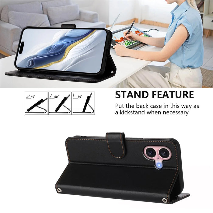 For iPhone 16 Leather Case Wallet Stand Phone Cover with Wrist Strap - Black - 4