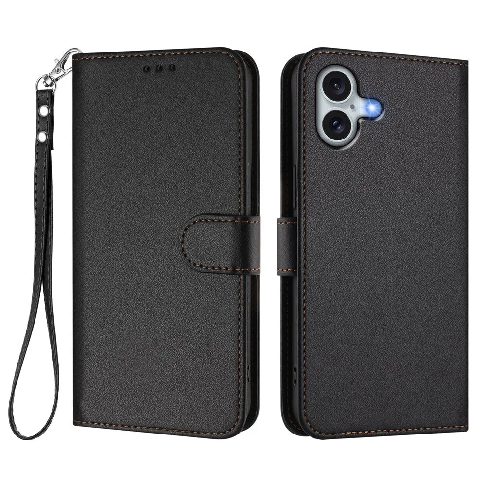 For iPhone 16 Plus Leather Case Wallet Stand Phone Cover with Wrist Strap - Black - 1