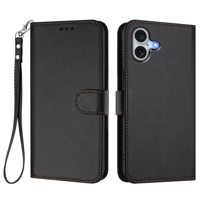 For iPhone 16 Plus Leather Case Wallet Stand Phone Cover with Wrist Strap - Black - 1