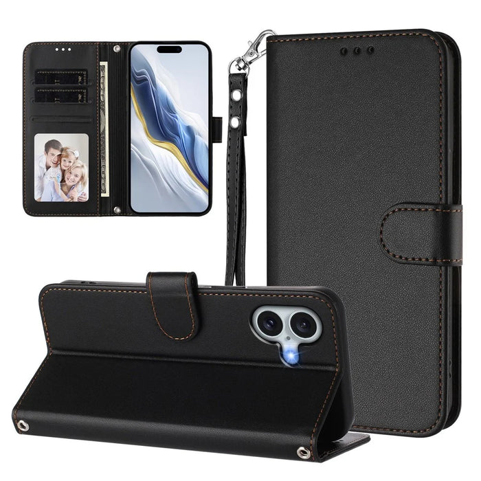 For iPhone 16 Plus Leather Case Wallet Stand Phone Cover with Wrist Strap - Black - 3