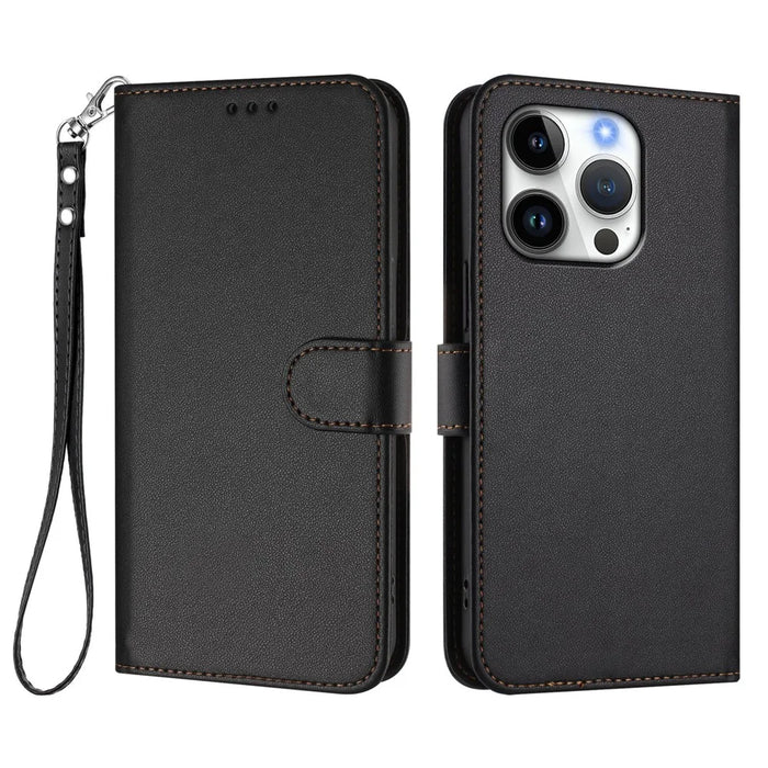 For iPhone 16 Pro Leather Case Wallet Stand Phone Cover with Wrist Strap - Black - 1