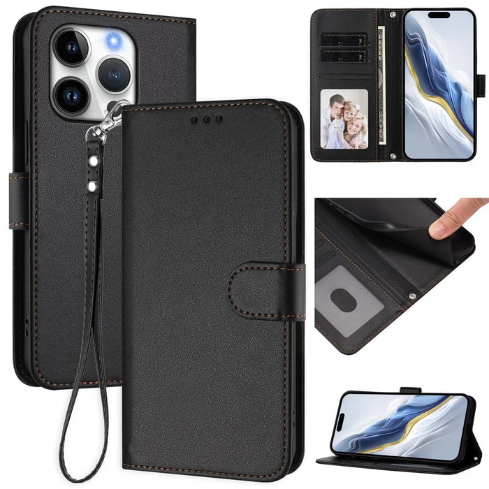 For iPhone 16 Pro Leather Case Wallet Stand Phone Cover with Wrist Strap - Black - 2
