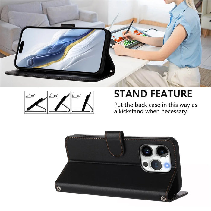 For iPhone 16 Pro Leather Case Wallet Stand Phone Cover with Wrist Strap - Black - 4