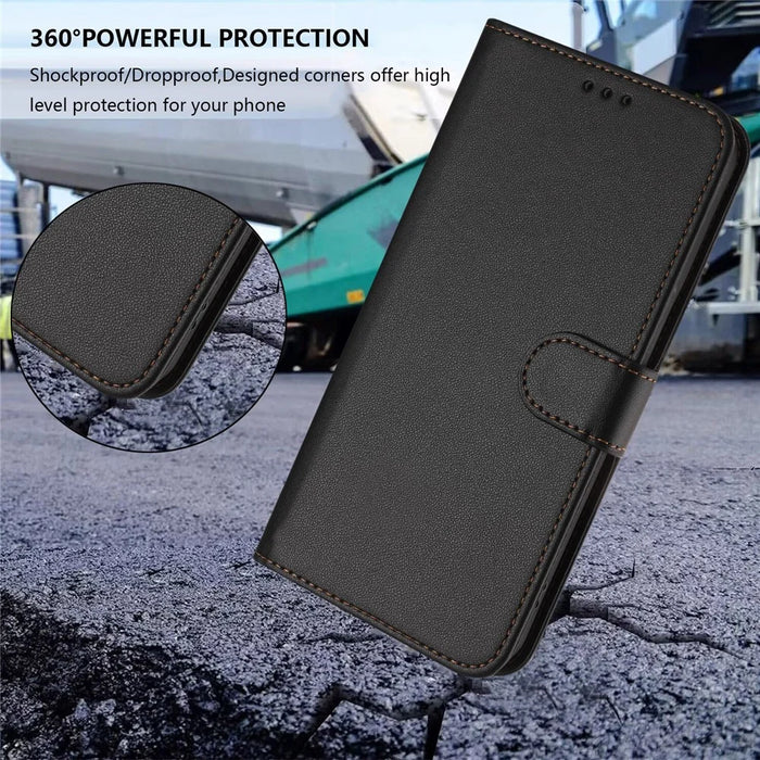 For iPhone 16 Pro Leather Case Wallet Stand Phone Cover with Wrist Strap - Black - 6