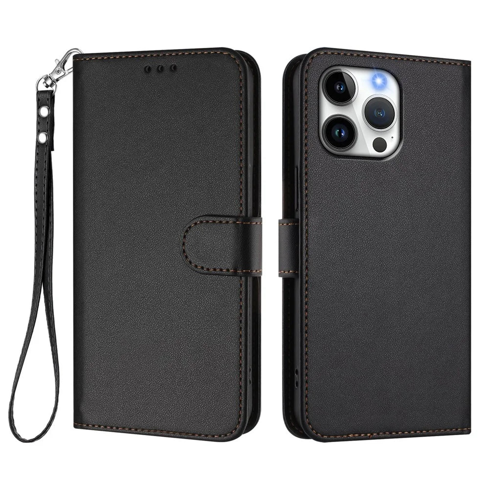 For iPhone 16 Pro Max Leather Case Wallet Stand Phone Cover with Wrist Strap - Black - 1