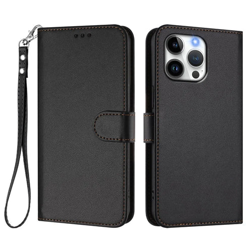 For iPhone 16 Pro Max Leather Case Wallet Stand Phone Cover with Wrist Strap - Black - 1