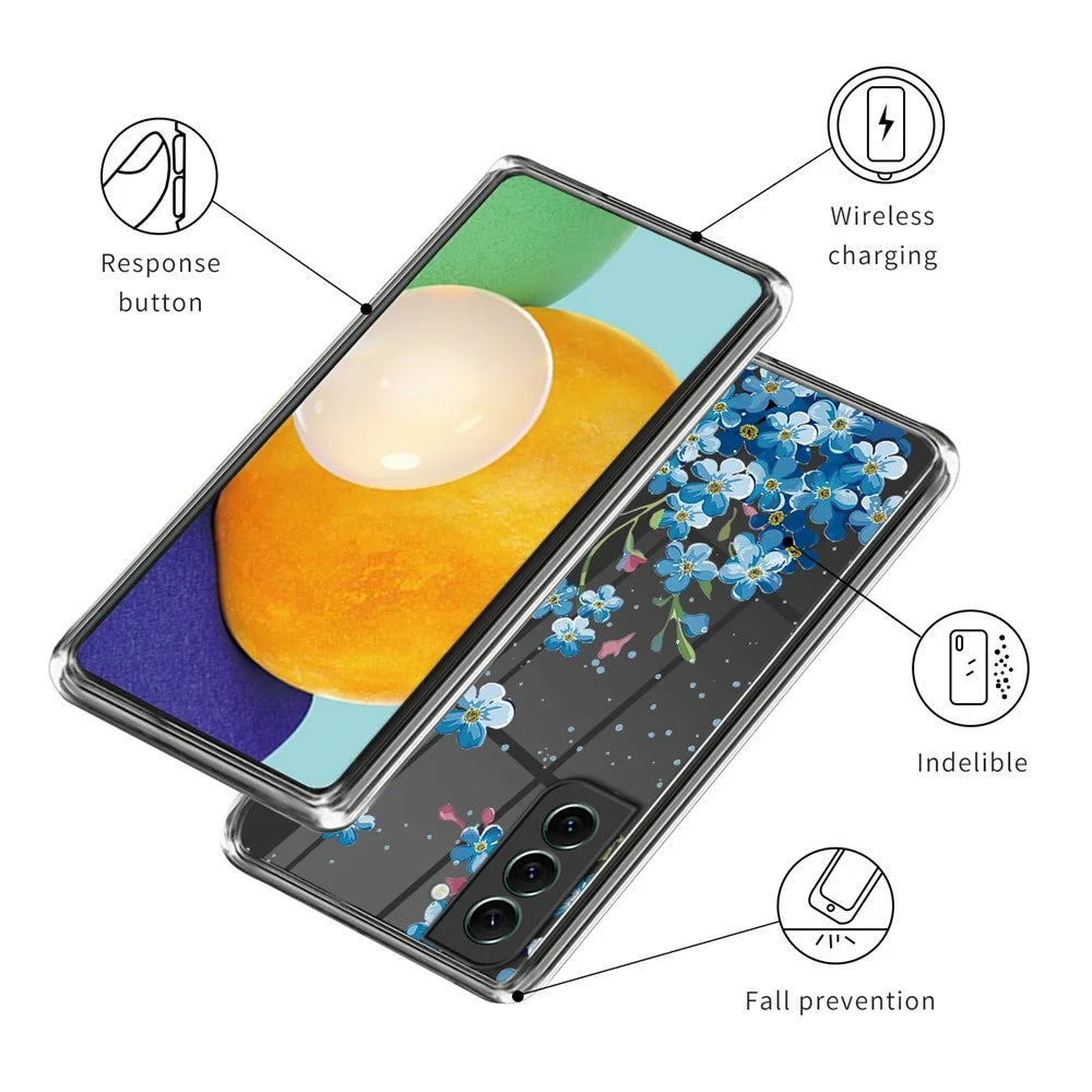 Flexible TPU Case for Samsung Galaxy S23, Stylish Pattern Printing IMD Phone Protective Back Cover - Blue Flower - 3