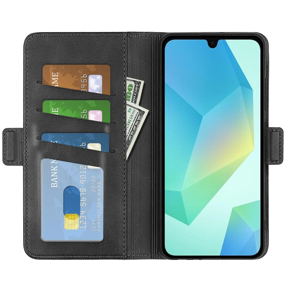 For Samsung Galaxy A08 5G / A08 4G / A07 4G / F07 4G / M07 4G Case Calf Texture Leather Wallet Phone Cover - Black - 5