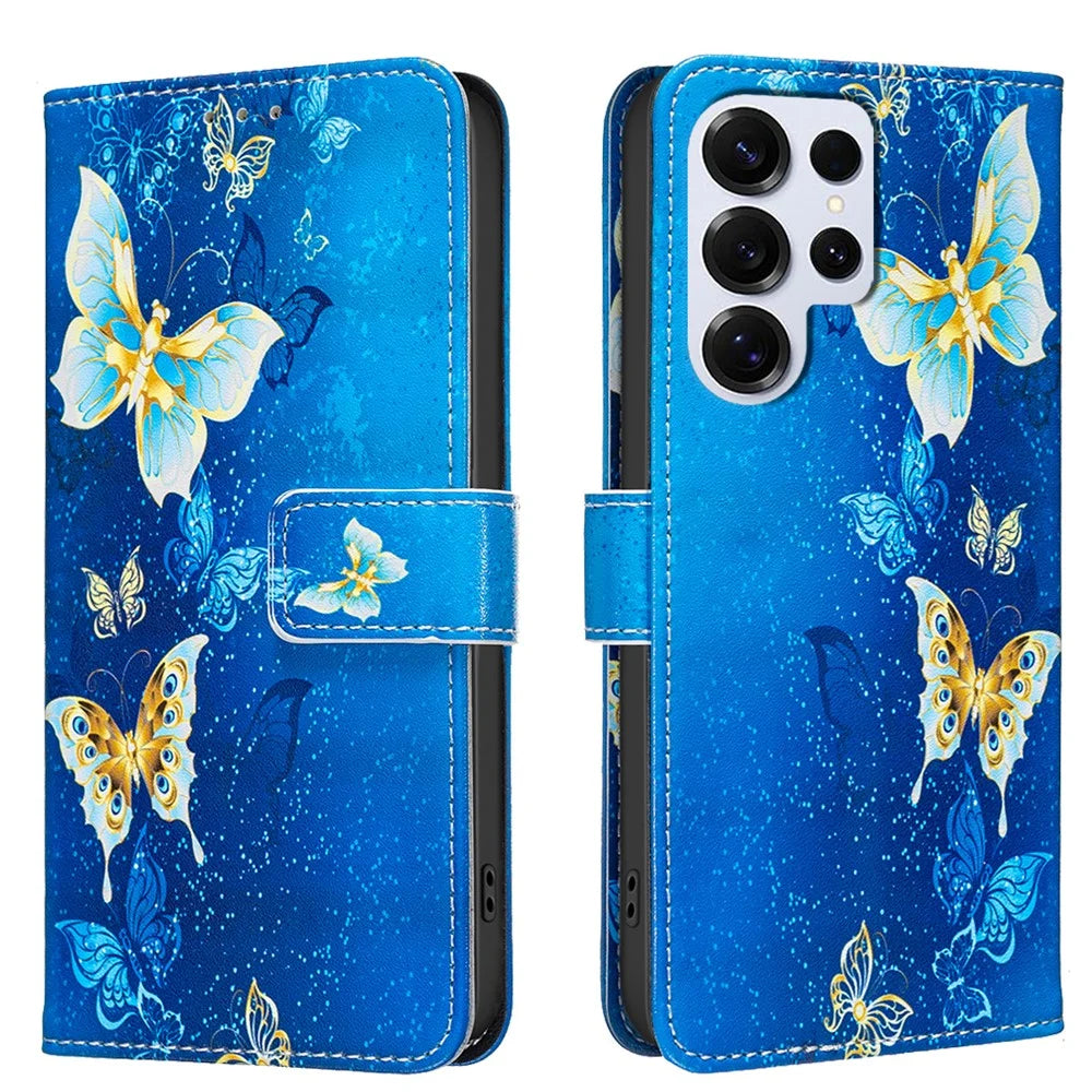 For Samsung Galaxy S25 Ultra Case Wallet Stand Pattern Printing Phone Leather Cover - Golden Butterflies - 1