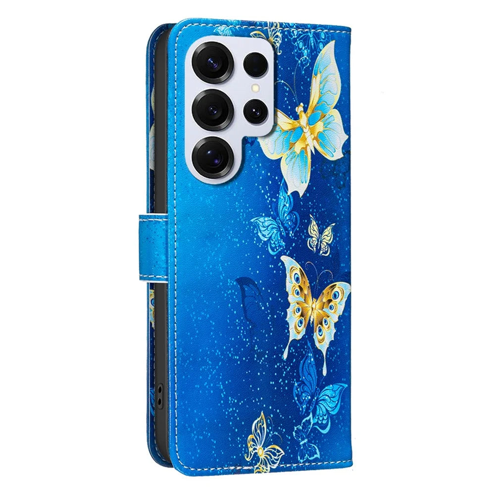 For Samsung Galaxy S25 Ultra Case Wallet Stand Pattern Printing Phone Leather Cover - Golden Butterflies - 3