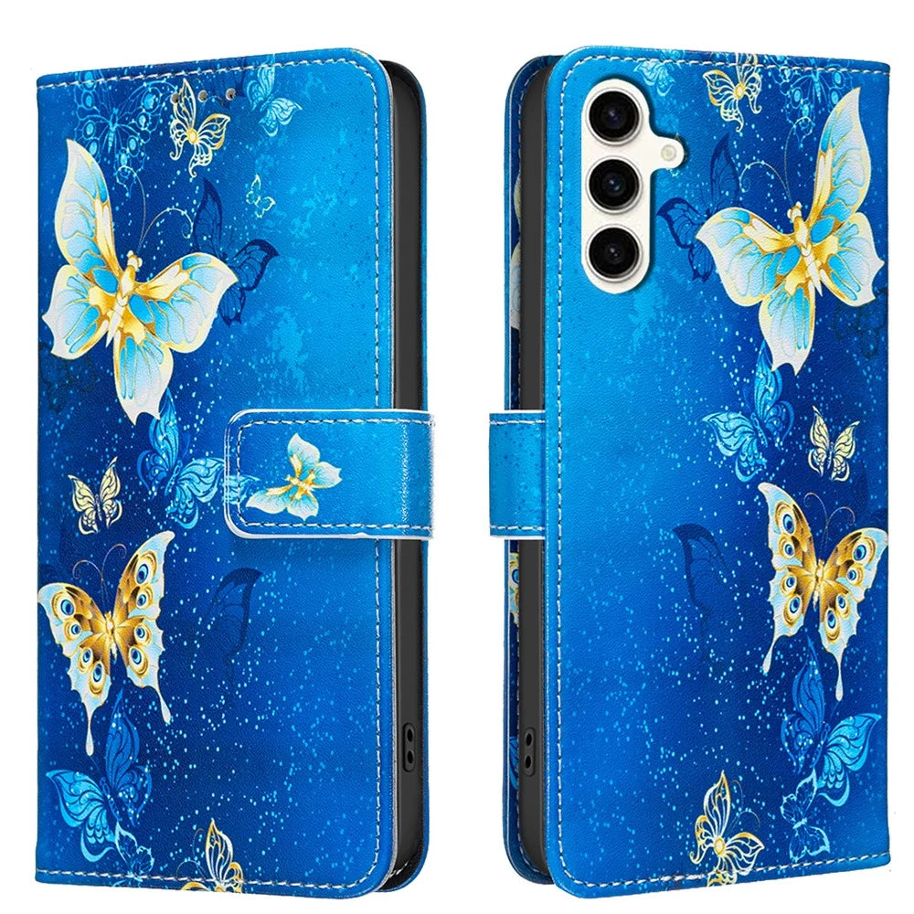 For Samsung Galaxy S24 / Galaxy S25 Case Wallet Stand Pattern Printing Phone Leather Cover - Golden Butterflies - 1