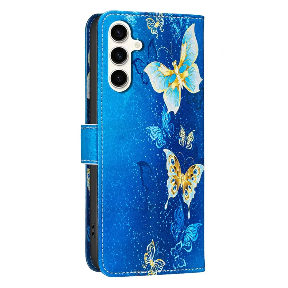 For Samsung Galaxy S24 / Galaxy S25 Case Wallet Stand Pattern Printing Phone Leather Cover - Golden Butterflies - 3