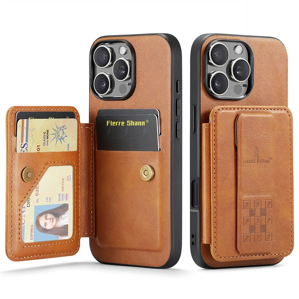 FIERRE SHANN 024 For iPhone 16 Pro Max Case Card Holder Kickstand Waxy Texture Leather + TPU Phone Cover - Brown - 1
