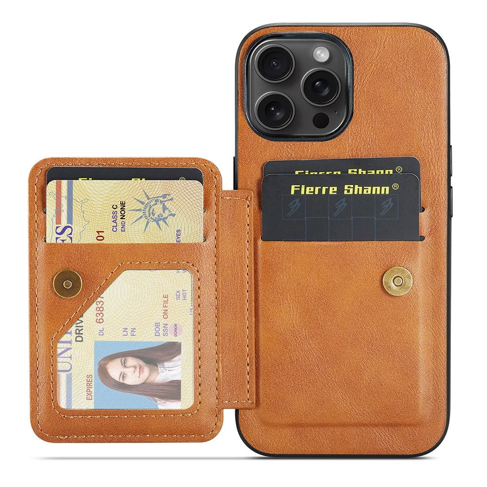 FIERRE SHANN 024 For iPhone 16 Pro Max Case Card Holder Kickstand Waxy Texture Leather + TPU Phone Cover - Brown - 2