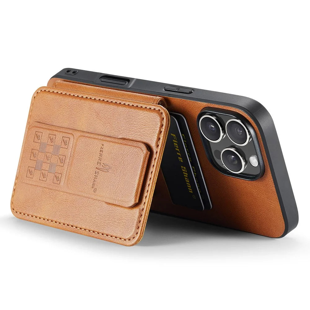 FIERRE SHANN 024 For iPhone 16 Pro Max Case Card Holder Kickstand Waxy Texture Leather + TPU Phone Cover - Brown - 3