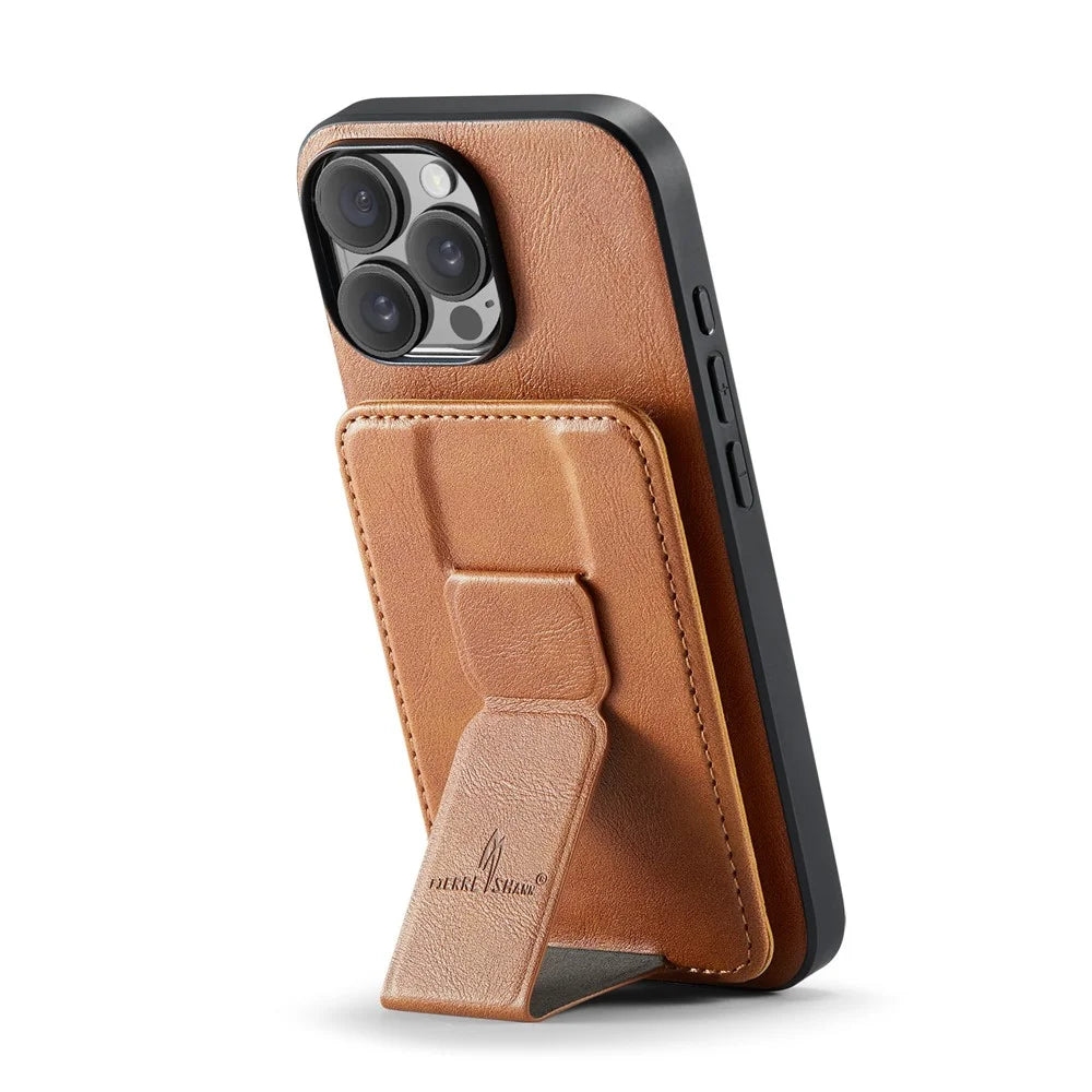 FIERRE SHANN 024 For iPhone 16 Pro Max Case Card Holder Kickstand Waxy Texture Leather + TPU Phone Cover - Brown - 4