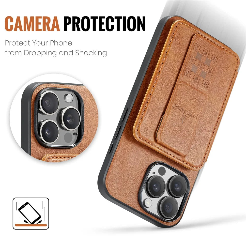 FIERRE SHANN 024 For iPhone 16 Pro Max Case Card Holder Kickstand Waxy Texture Leather + TPU Phone Cover - Brown - 5