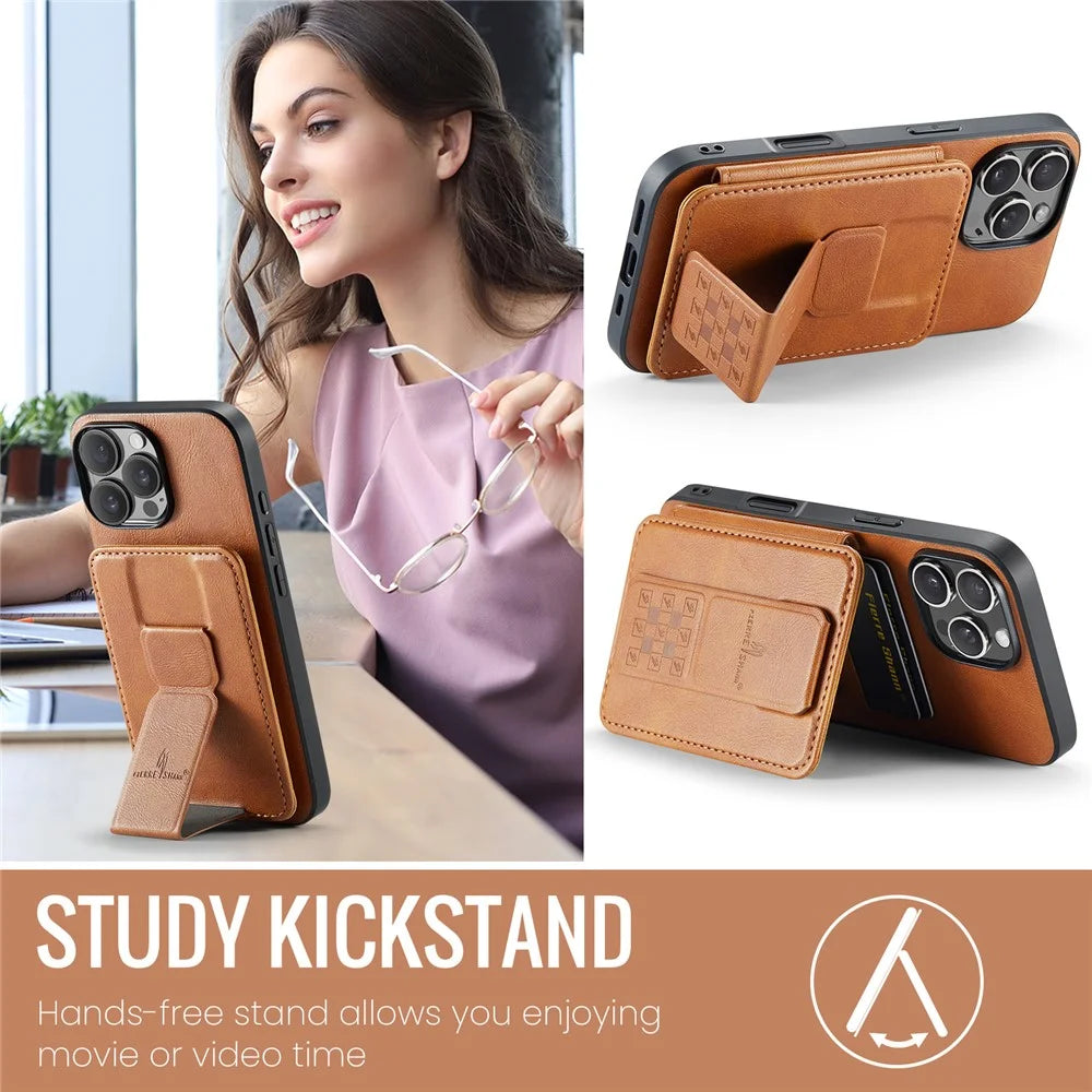 FIERRE SHANN 024 For iPhone 16 Pro Max Case Card Holder Kickstand Waxy Texture Leather + TPU Phone Cover - Brown - 6