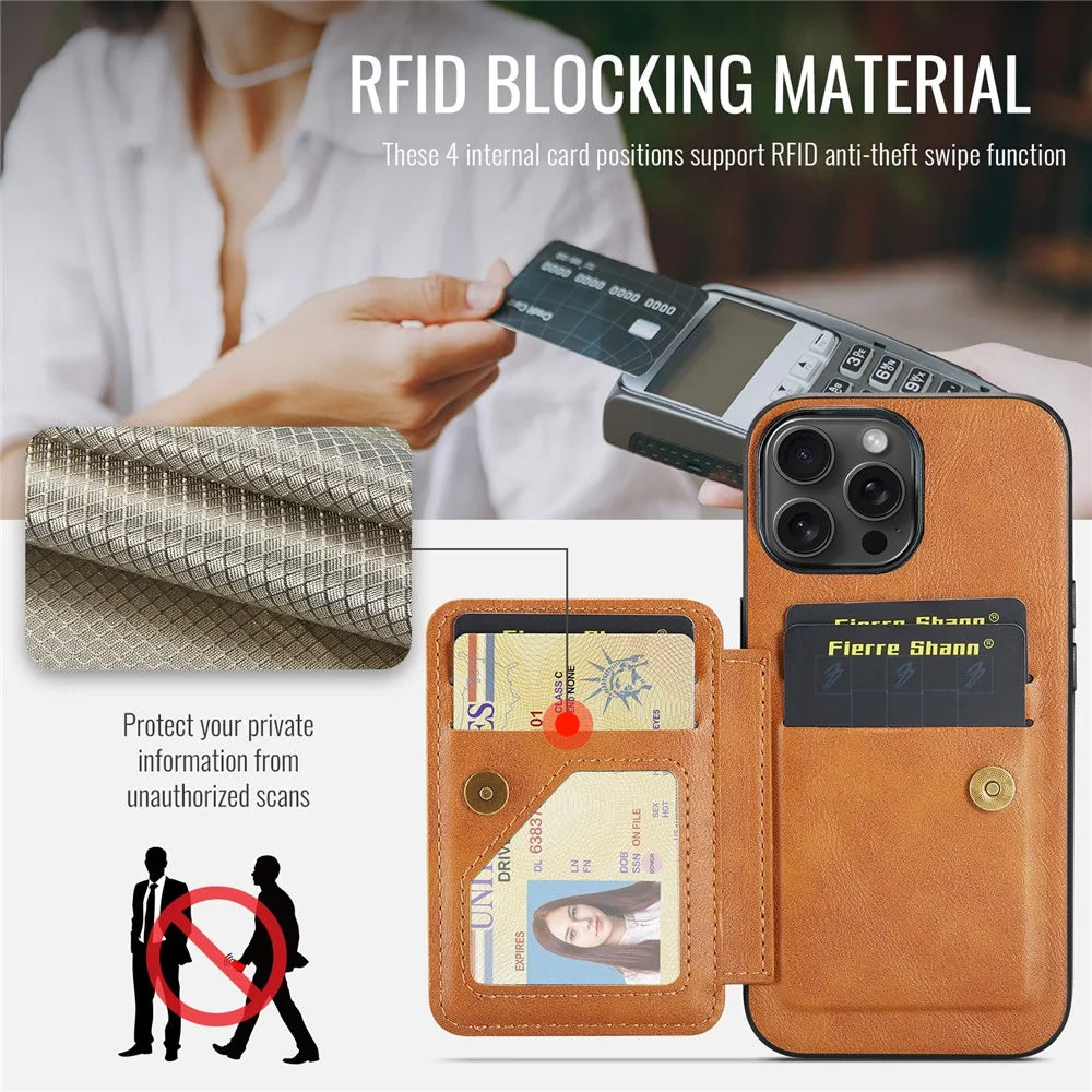 FIERRE SHANN 024 For iPhone 16 Pro Max Case Card Holder Kickstand Waxy Texture Leather + TPU Phone Cover - Brown - 7