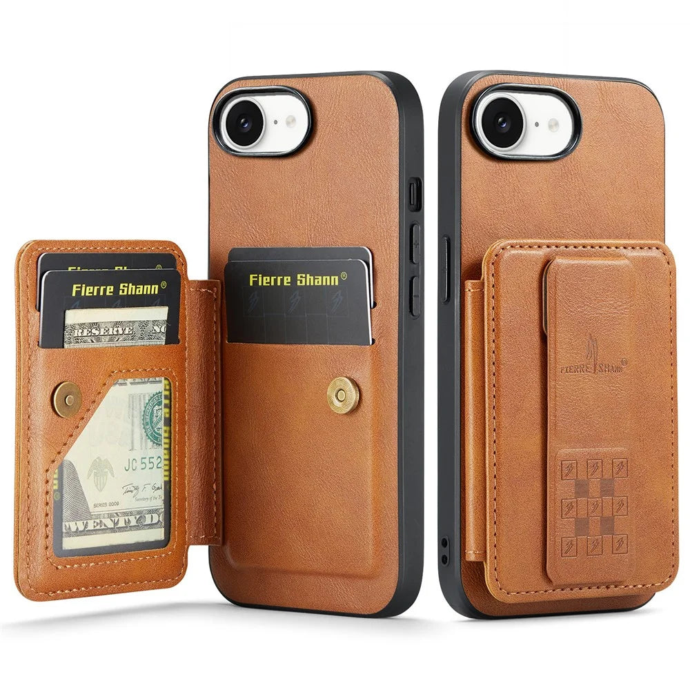 FIERRE SHANN 024 For iPhone 17e / 16e Case Card Holder Kickstand Waxy Texture Leather + TPU Phone Cover - Brown - 1