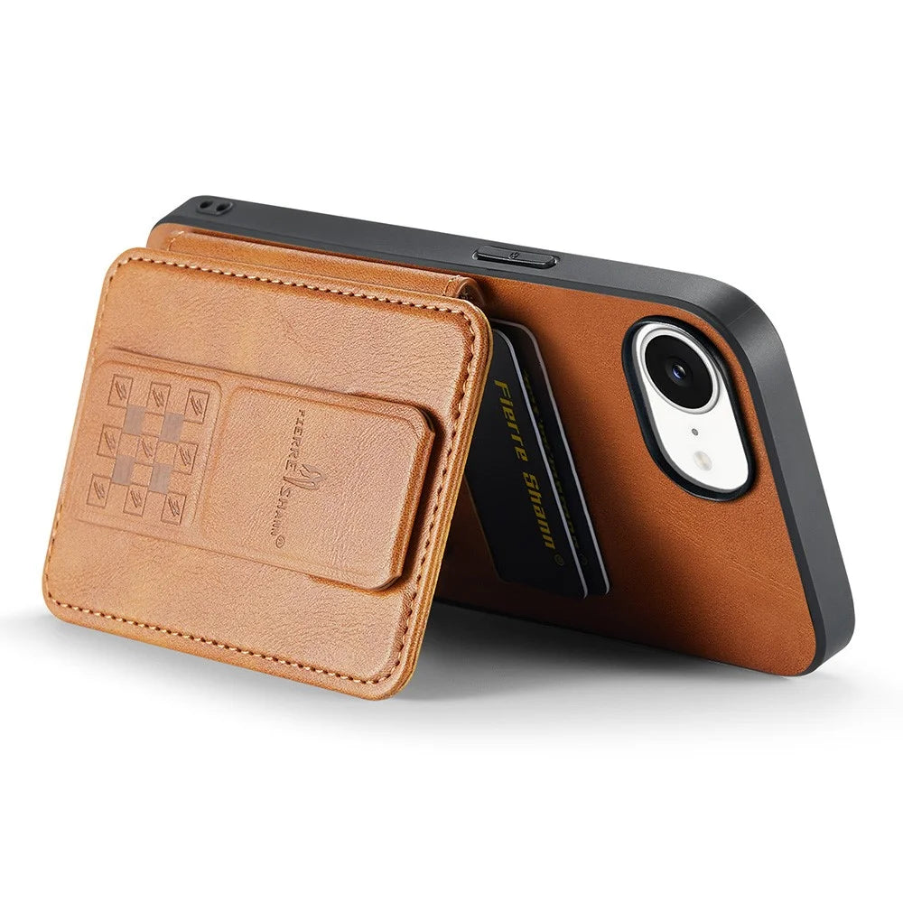 FIERRE SHANN 024 For iPhone 17e / 16e Case Card Holder Kickstand Waxy Texture Leather + TPU Phone Cover - Brown - 2