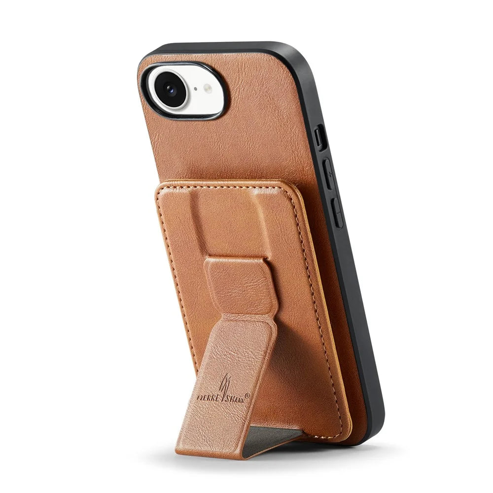 FIERRE SHANN 024 For iPhone 17e / 16e Case Card Holder Kickstand Waxy Texture Leather + TPU Phone Cover - Brown - 3