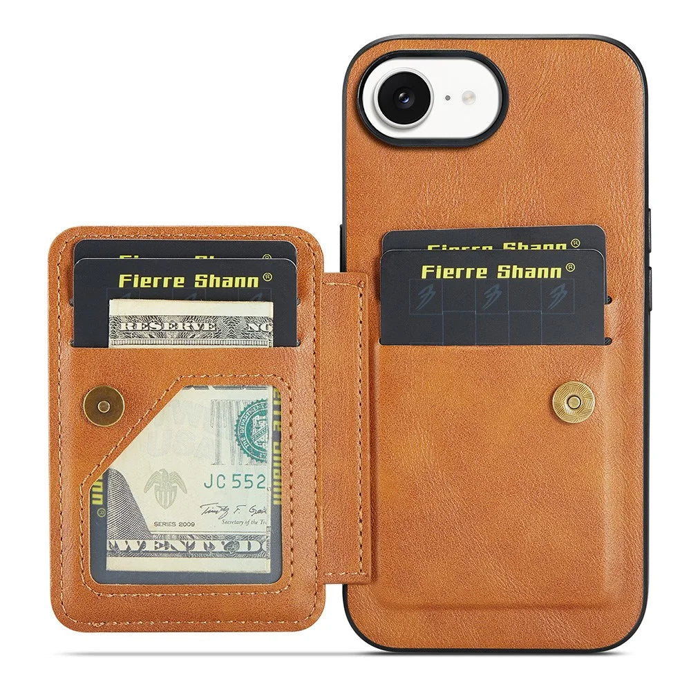 FIERRE SHANN 024 For iPhone 17e / 16e Case Card Holder Kickstand Waxy Texture Leather + TPU Phone Cover - Brown - 4