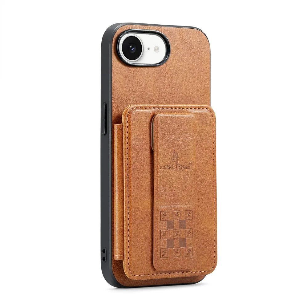 FIERRE SHANN 024 For iPhone 17e / 16e Case Card Holder Kickstand Waxy Texture Leather + TPU Phone Cover - Brown - 5