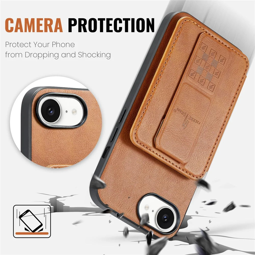 FIERRE SHANN 024 For iPhone 17e / 16e Case Card Holder Kickstand Waxy Texture Leather + TPU Phone Cover - Brown - 6