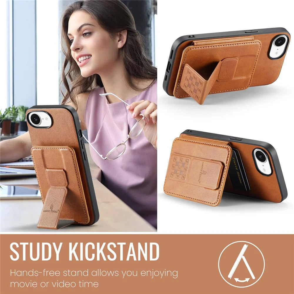 FIERRE SHANN 024 For iPhone 17e / 16e Case Card Holder Kickstand Waxy Texture Leather + TPU Phone Cover - Brown - 7