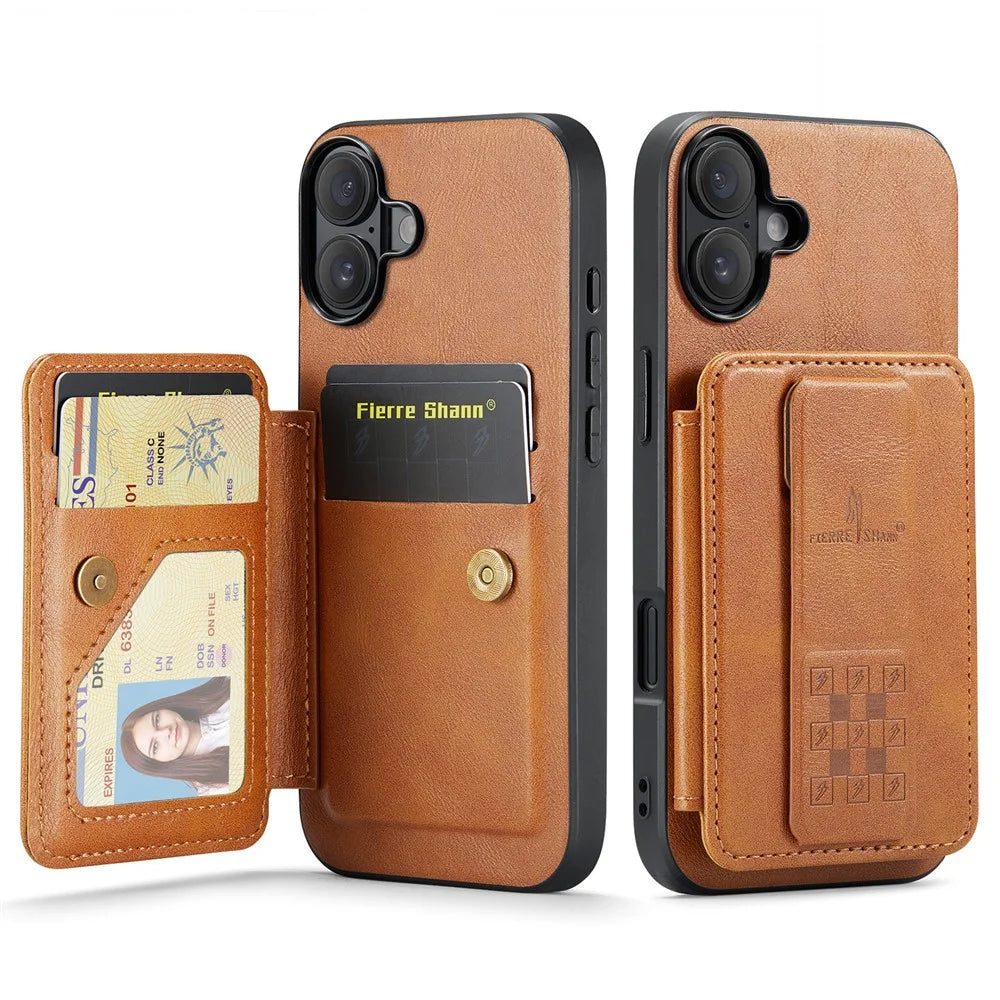 FIERRE SHANN 024 For iPhone 16 Case Card Holder Kickstand Waxy Texture Leather + TPU Phone Cover - Brown - 1