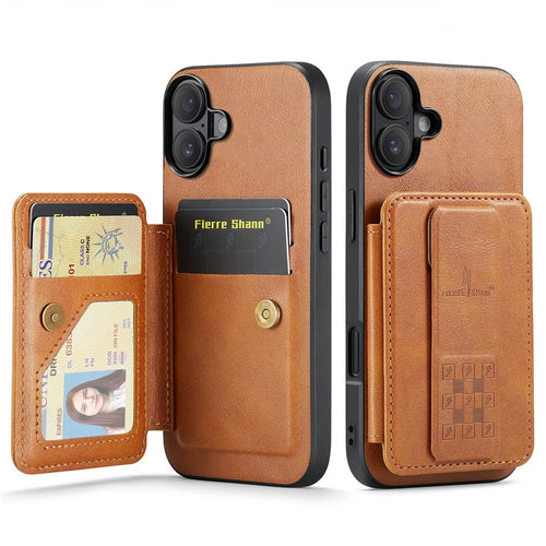 FIERRE SHANN 024 For iPhone 16 Case Card Holder Kickstand Waxy Texture Leather + TPU Phone Cover - Brown - 1